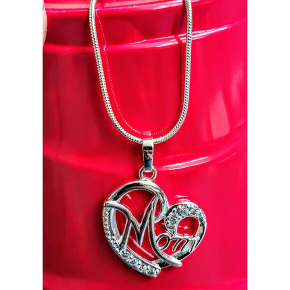 Mom Mother Sterling Silver 925 Heart Gem Pendant on Snake Rope Chain Necklace - Picture 2 of 14
